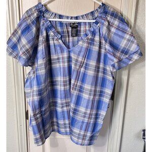 NWT Wrangler Retro Womens 3XL Blue Plaid Flutter Sleeve Tunic Western Blouse